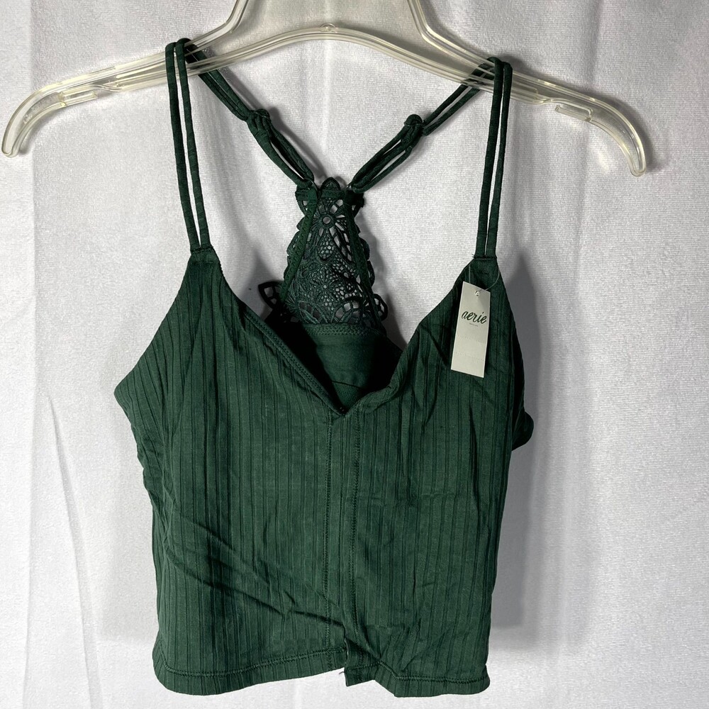aerie Ripped Double Strap Cropped Tank Top/Bralette Dark Green Size S NEW